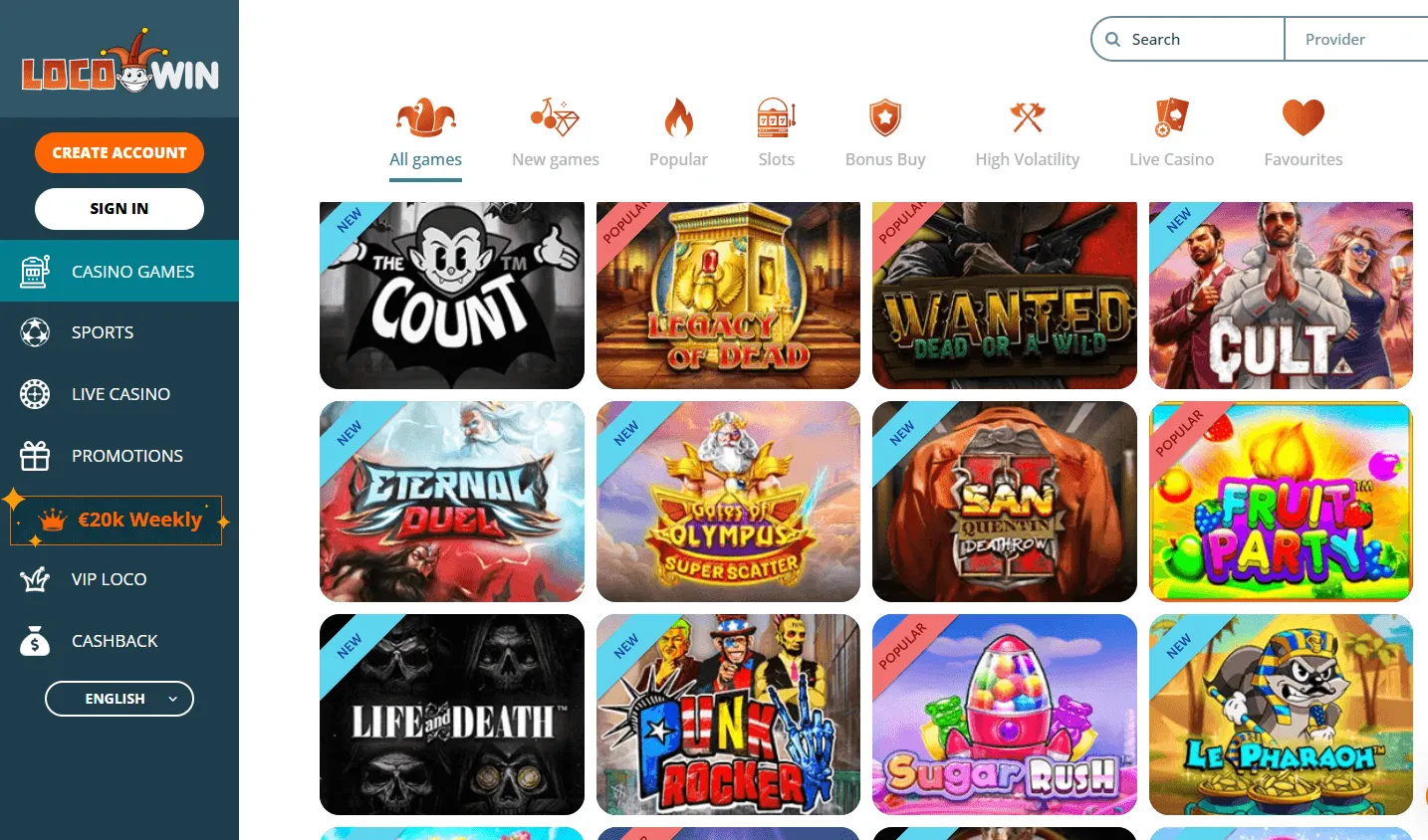 Locowin Casino desktop games view with slots and casino categories