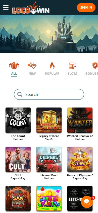 Locowin Casino mobile browser games view