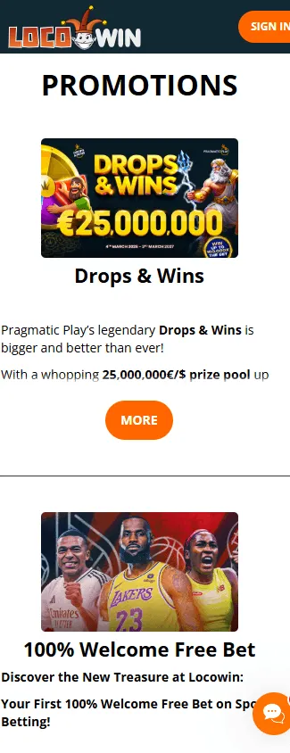 Locowin Casino mobile browser promotions view