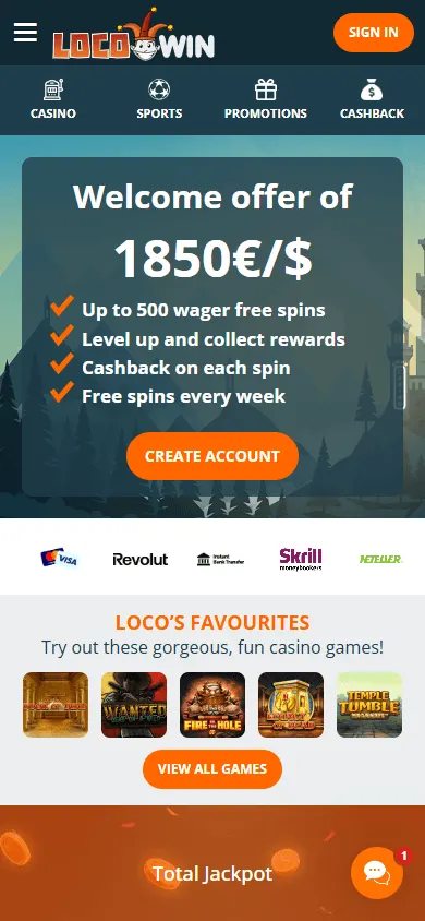 Locowin Casino mobile browser home view
