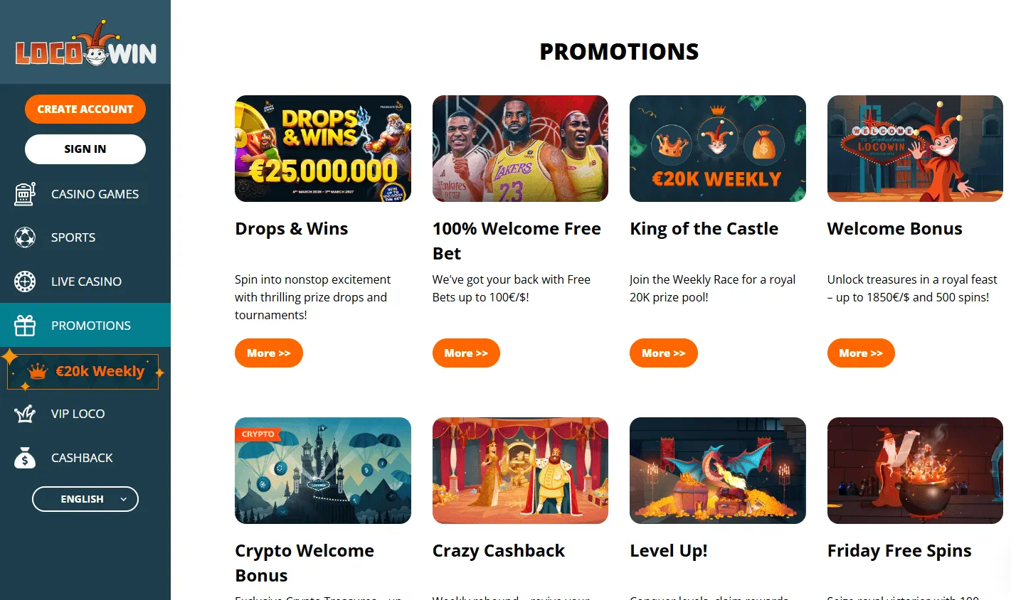 Locowin Casino desktop promotions view with bonus and tournament offers